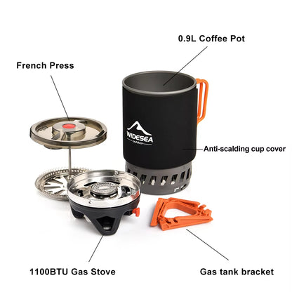 Camping Cooking System with Heat Exchanger Outdoor Gas Stove Burner Tourist Coffee Pot Cup Cookware Tableware Tourism